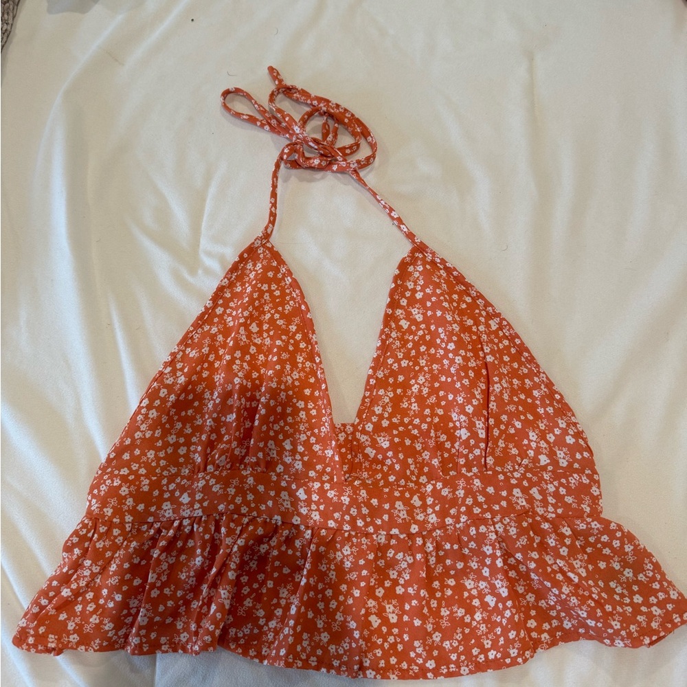 Orange Halter Top with White Flowers